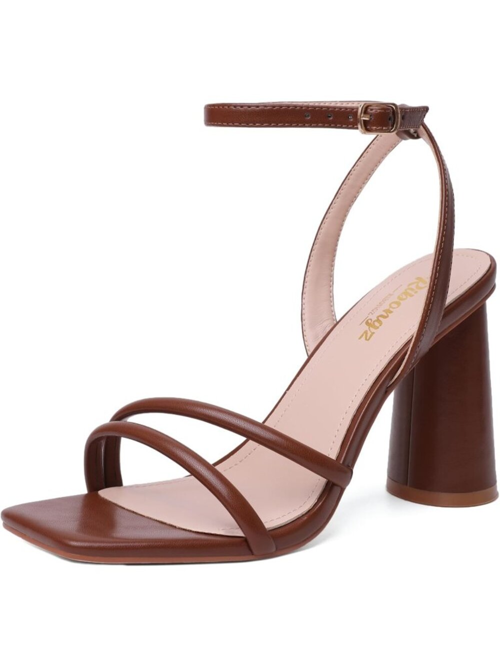 Women's Brown Chunky Square Open Toe Strappy Ankle Strap High Heeled Sandals